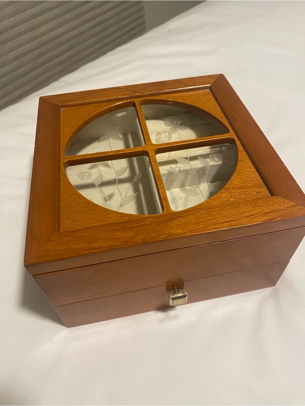 Wooden Jewelry Box with Glass Floral Pane Top - Warm Brown - vintage